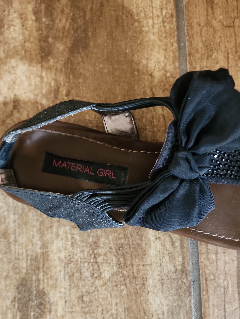 Material Girl Black Bow T-Strap Sandals with Rhinestone Detail - Picture 2 of 3